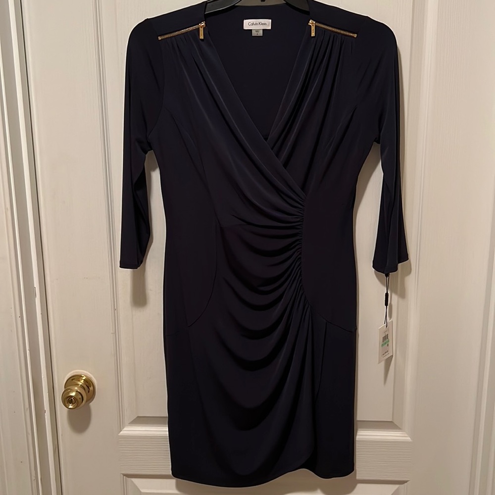 NWT Calvin Klein Navy Blue dress with ruched  waist line. Navy blue. Size 8.